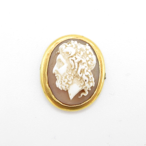 Unhallmarked high carat gold brooch with highly detailed antique cameo.  Pin missing.  25mm diameter