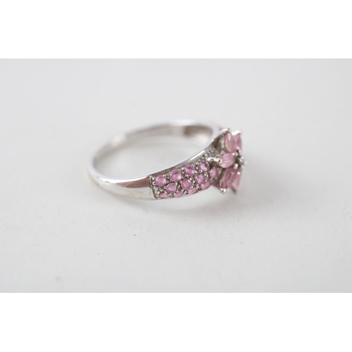 47 - 9ct white gold diamond, pink sapphire & pink gemstone dress ring - as seen (2.2g) Size  N