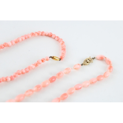 77 - 2 x 9ct gold clasp coral necklaces (24.5g)