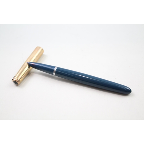 483 - Vintage PARKER 51 Teal Fountain Pen w/ 14ct Gold Nib, Gold Plate Cap WRITING