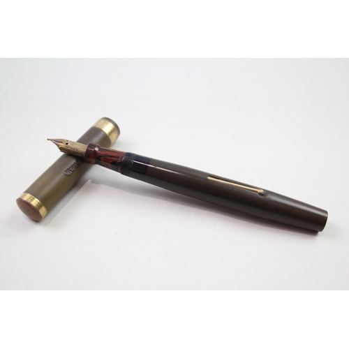 487 - Vintage MABIE TODD Swan Self Filler Brown Fountain Pen w/ Gold Plate Nib WRITING