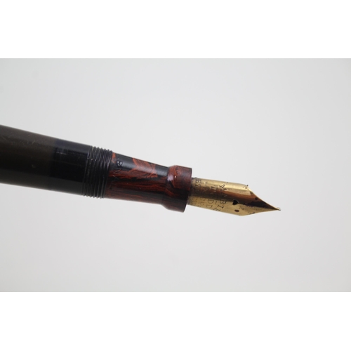 487 - Vintage MABIE TODD Swan Self Filler Brown Fountain Pen w/ Gold Plate Nib WRITING