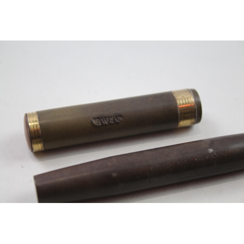 487 - Vintage MABIE TODD Swan Self Filler Brown Fountain Pen w/ Gold Plate Nib WRITING