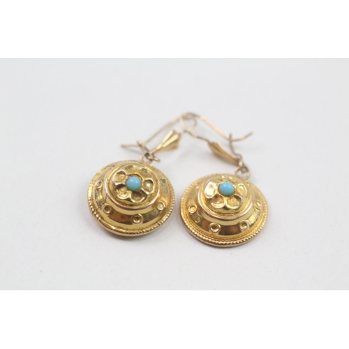 105 - 9ct gold turquoise etruscan revival earrings (1.6g)