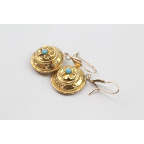 105 - 9ct gold turquoise etruscan revival earrings (1.6g)