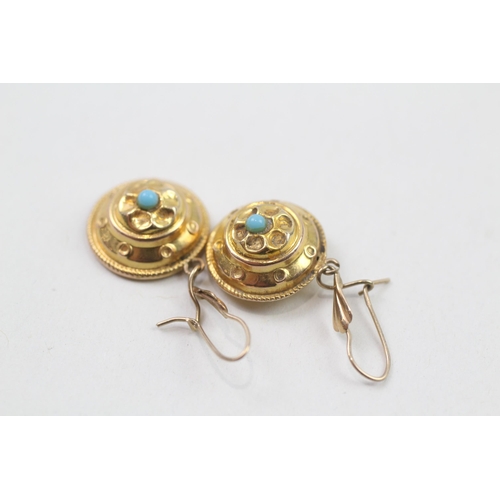 105 - 9ct gold turquoise etruscan revival earrings (1.6g)