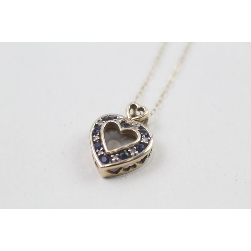 109 - 9ct gold sapphire & diamond heart shaped pendant & chain (2.4g)