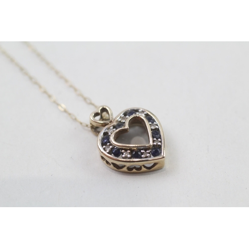 109 - 9ct gold sapphire & diamond heart shaped pendant & chain (2.4g)