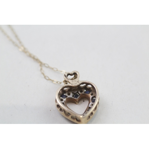 109 - 9ct gold sapphire & diamond heart shaped pendant & chain (2.4g)