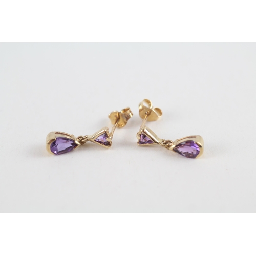 112 - 9ct gold amethyst drop earrings (1.2g)