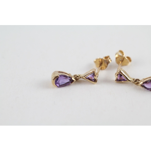 112 - 9ct gold amethyst drop earrings (1.2g)