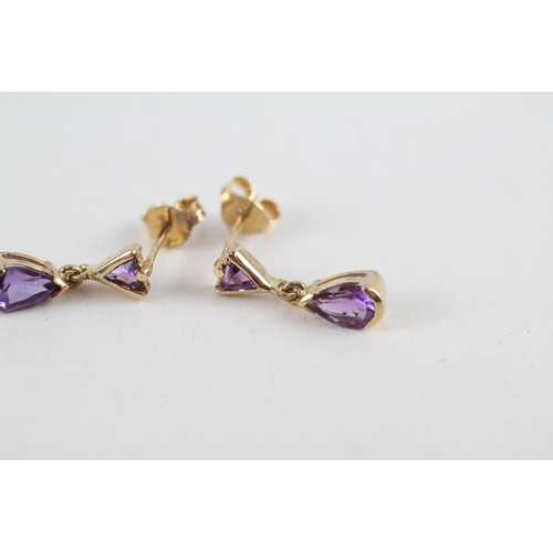 112 - 9ct gold amethyst drop earrings (1.2g)