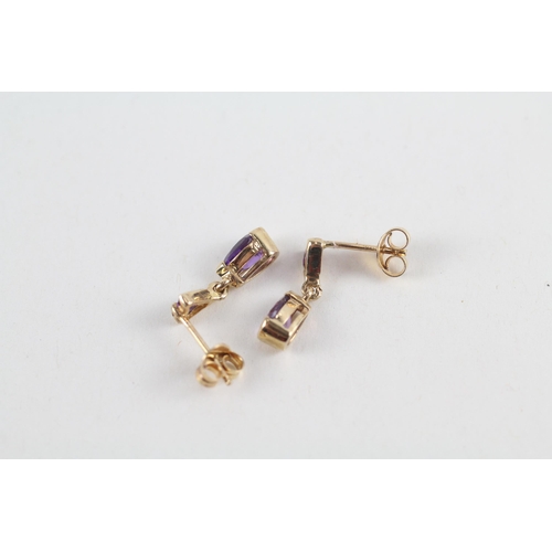 112 - 9ct gold amethyst drop earrings (1.2g)