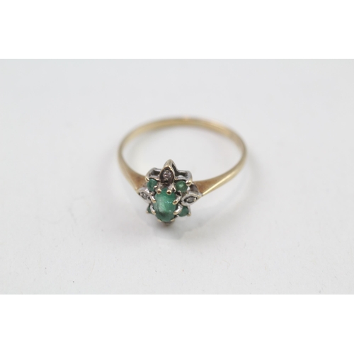 118 - 9ct gold diamond & emerald floral cluster ring (1.4g) Size  M 1/2