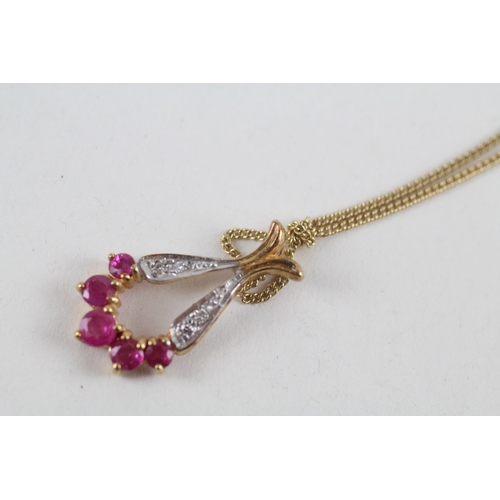 122 - 9ct gold ruby & diamond pendant & chain (2.7g)