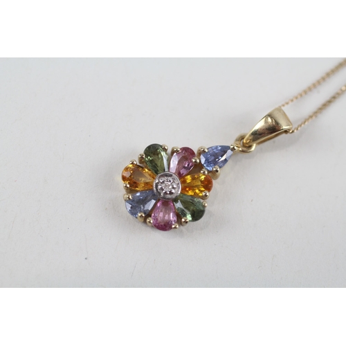 123 - 9ct gold diamond & vari-hue sapphire cluster pendant & chain (2.6g)