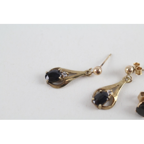 13 - 2 x 9ct gold sapphire & white gemstone drop earrings (2.2g)