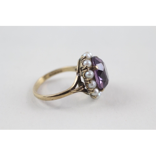 20 - 9ct gold amethyst & seed pearl vintage dress ring (4.5g) Size  N