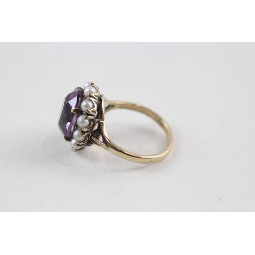 20 - 9ct gold amethyst & seed pearl vintage dress ring (4.5g) Size  N