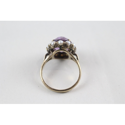 20 - 9ct gold amethyst & seed pearl vintage dress ring (4.5g) Size  N