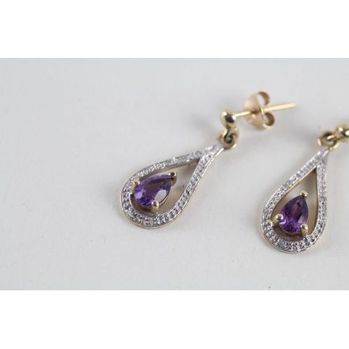 36 - 9ct gold amethyst & diamond drop earrings (2.3g)