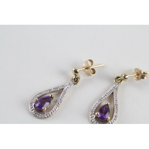 36 - 9ct gold amethyst & diamond drop earrings (2.3g)