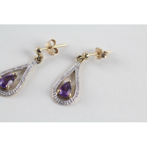 36 - 9ct gold amethyst & diamond drop earrings (2.3g)