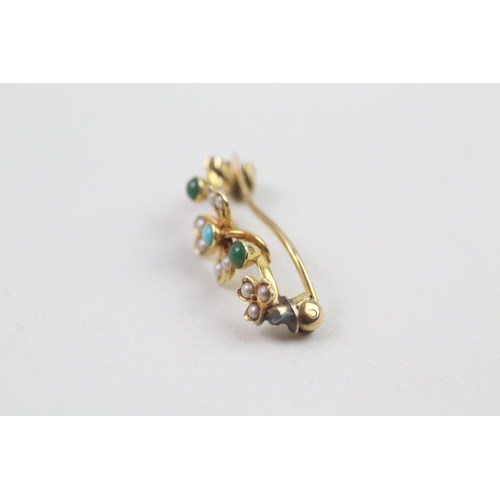 47 - 14ct gold turquoise & seed pearl floral brooch (1.8g)