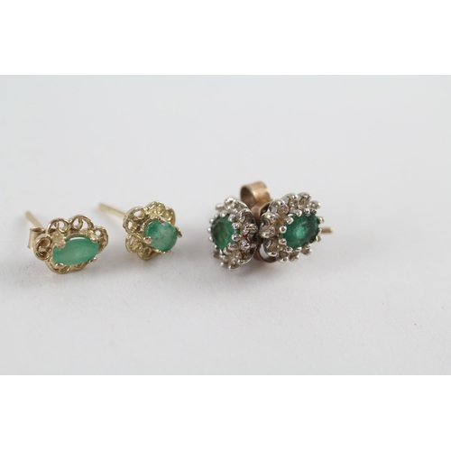 6 - 2x 9ct gold emerald & diamond earrings (2.3g)