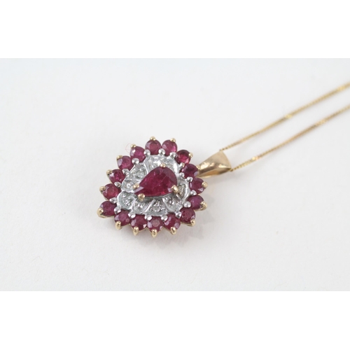 41 - 9ct gold ruby & diamond heart shaped pendant & chain (2.5g)