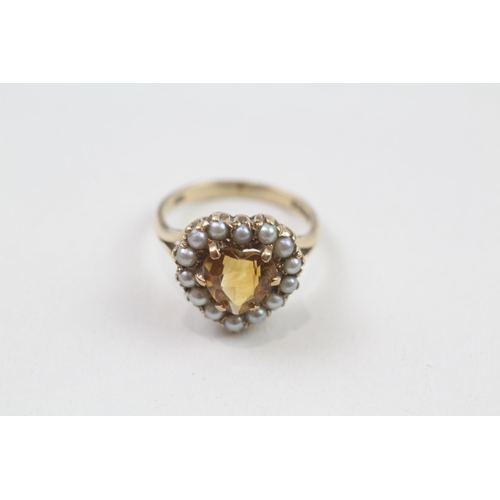 83 - 9ct gold citrine & seed pearl cluster ring (3.9g) Size  M