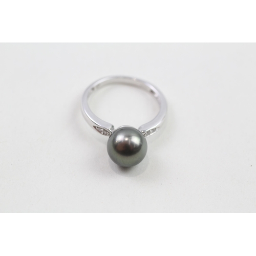 94 - 9ct gold cultured pearl & diamond dress ring (3.2g) Size  N 1/2