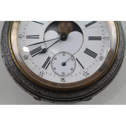 452 - RARE WW1 Interest Double Sided Moonphase Calendar Pocket Watch WORKING