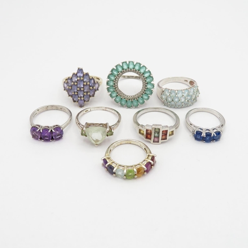 A collection of silver gemstone rings including Tanzanite (28g)