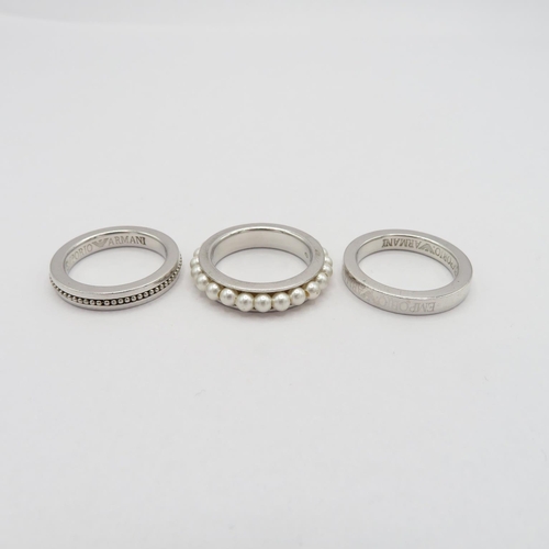 Three silver rings by designer Emporio Armani (15g)
