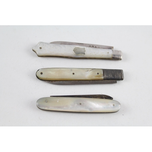 3 x Antique HM .925 Sterling Silver & Mother of Pearl Handled Fruit Knives 61g