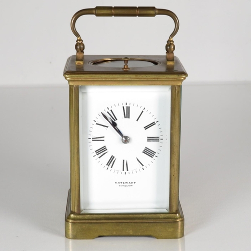 A midsize carriage clock with chiming mechanism by R Stewart of Glasgow.  Clock is running but top glass panel is loose undamaged 130mm x 90mm.  Chiming mechanism is fully working