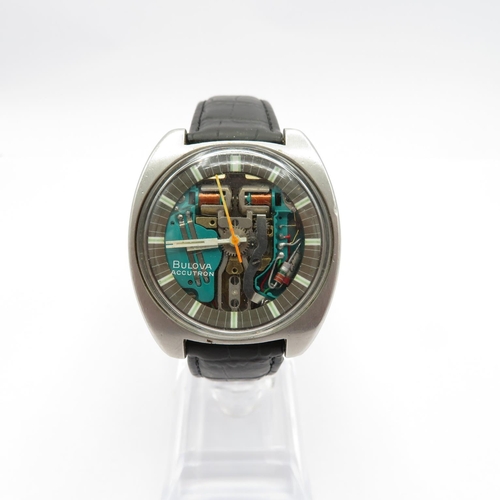 Bulova Accutron Spaceview 214 gents rare tuning fork wristwatch working at time of listing.  Circa 1966 black leather watch strap 214 movement