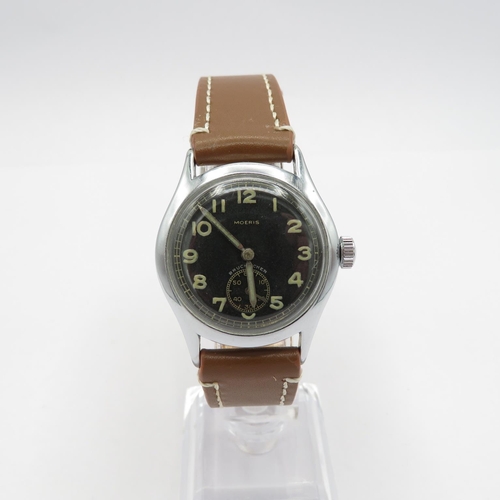 Moeris D.H German WWII Military issued wristwatch handwind working screwdown caseback engraved D2671077H brown leather strap