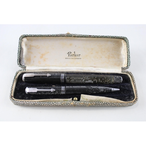 Vintage PARKER Vaccumatic Grey Fountain Pen w/ 14ct Nib, Pencil, Original Box