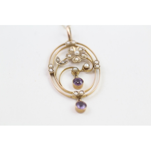 118 - 9ct gold antique Edwardian amethyst & seed pearl pendant necklace with later chain (2.4g)