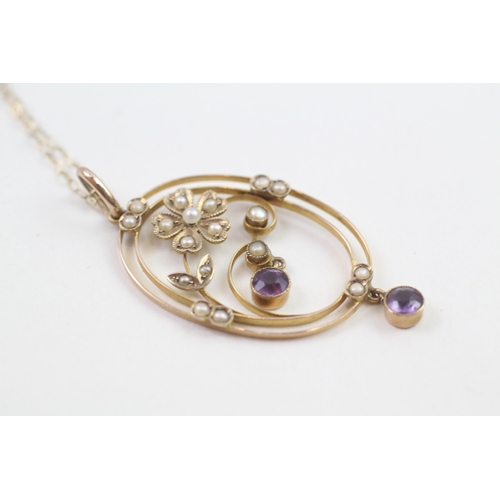 118 - 9ct gold antique Edwardian amethyst & seed pearl pendant necklace with later chain (2.4g)