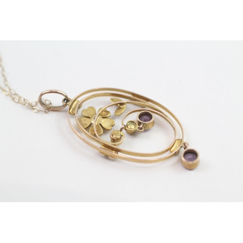 118 - 9ct gold antique Edwardian amethyst & seed pearl pendant necklace with later chain (2.4g)