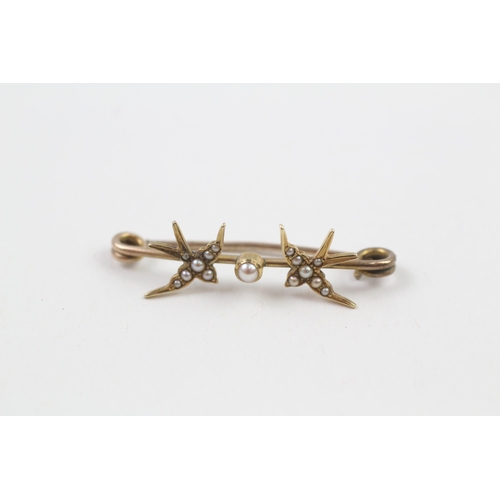 135 - 15ct gold Victorian seed pearl twin swallow brooch with 9ct pin (1.7g)