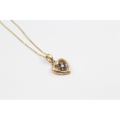 145 - 9ct gold sapphire & white gemstone heart pendant necklace (1.5g)