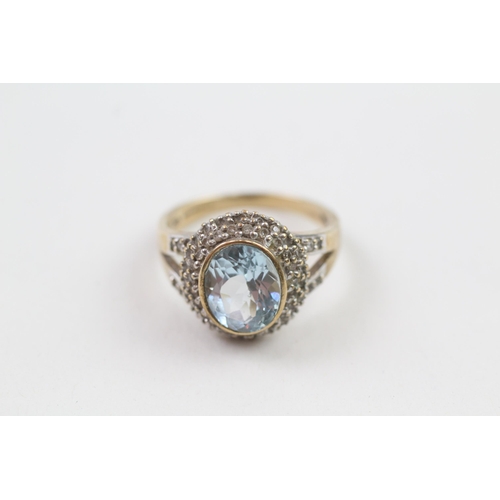 152 - 9ct gold blue topaz single stone ring with diamond frame & split shank (5g) Size  P