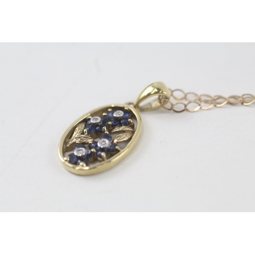 155 - 9ct gold diamond & sapphire floral cluster pendant necklace (3.1g)