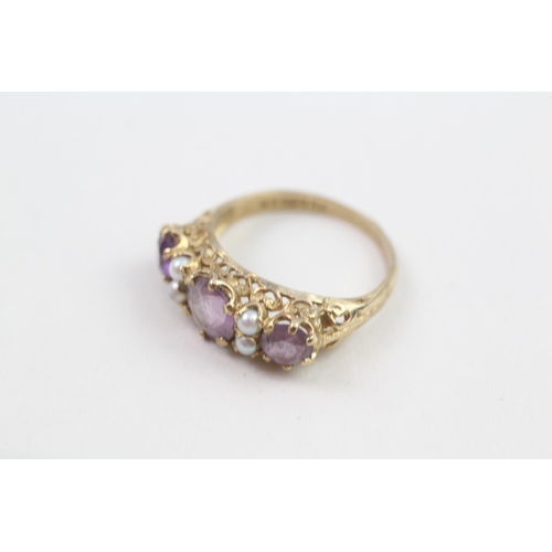 172 - 9ct gold amethyst & seed pearl seven stone ring (2.8g) Size  P