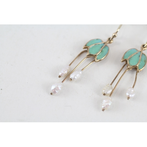 35 - 9ct gold blue enamel & rice pearl ornate drop earrings (2.2g)