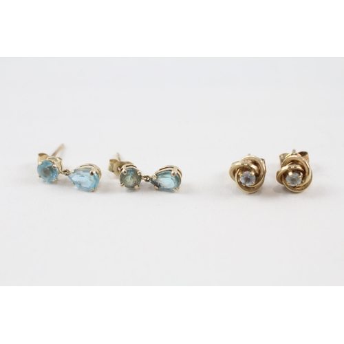 2x 9ct gold blue topaz drop & stud earrings with scroll backs (1.5g)